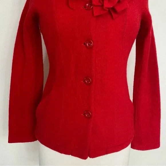 Fever Red Ruffle Collar Button Front 100% Wool Cardigan Sweater Size Small Retro - Picture 6 of 16